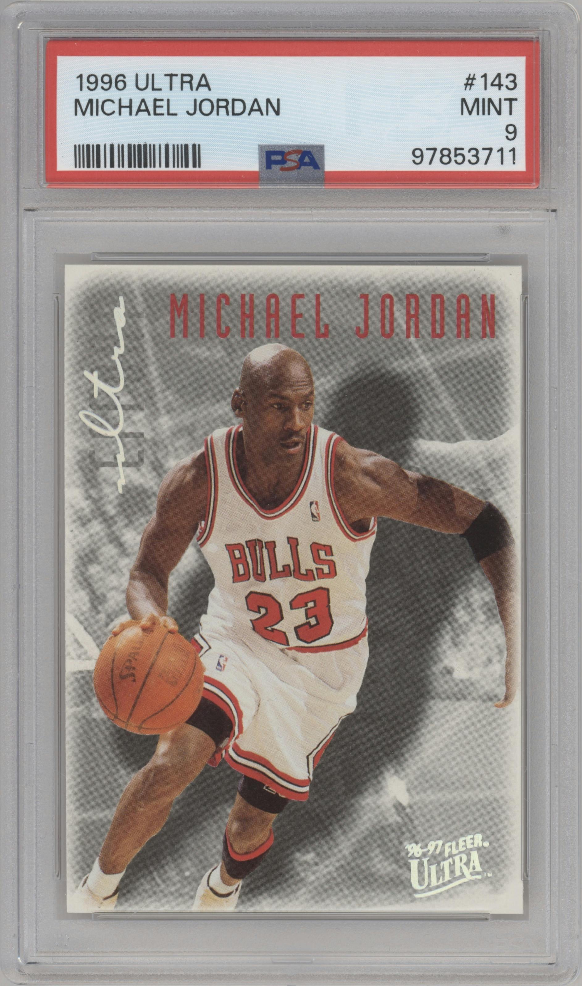 Michael Jordan from the 1996-97 Fleer Ultra set graded by PSA and given an overall grade of 9.