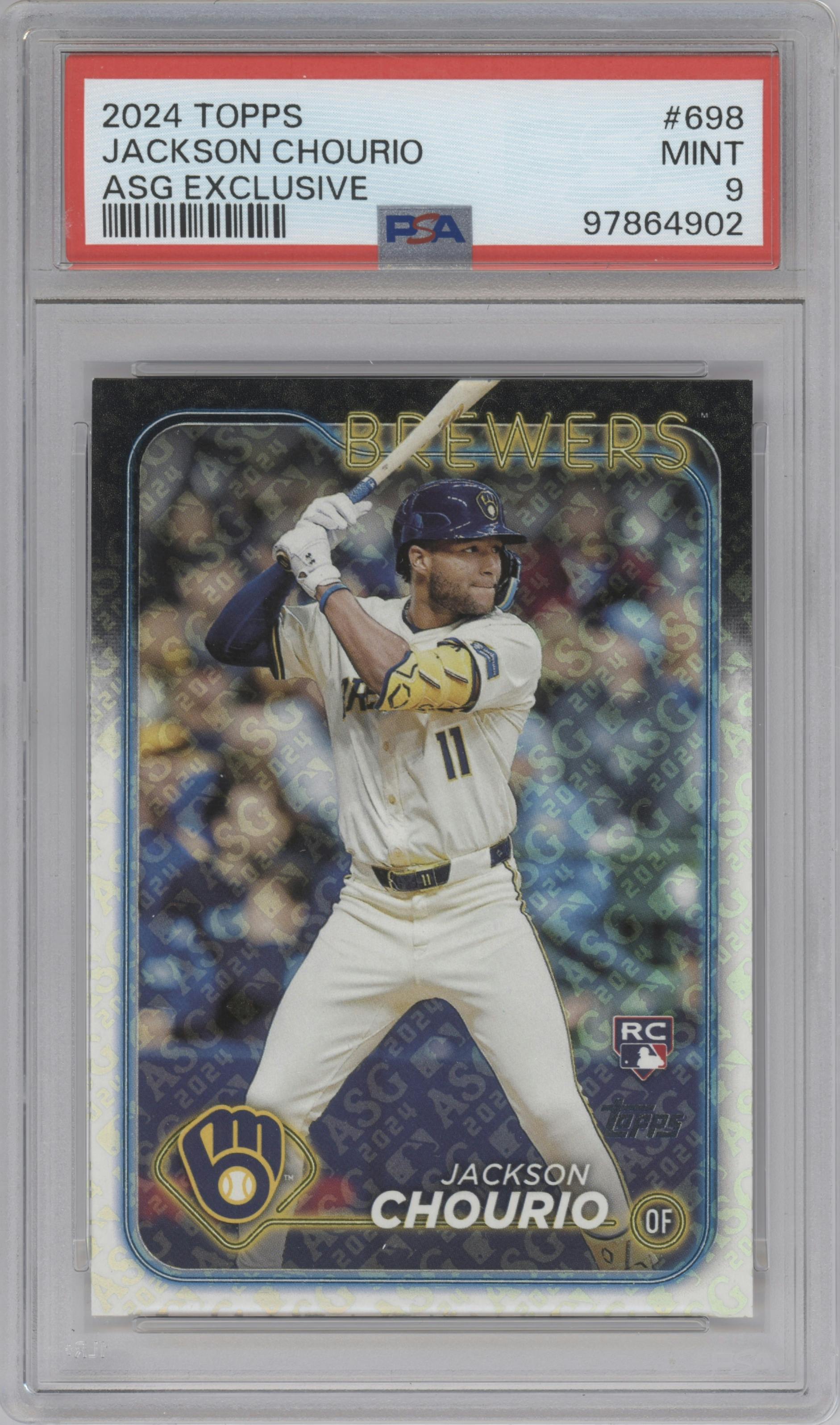 Jackson Chourio from the 2024 Topps Complete set featuring a All-Star Game parallel graded by PSA and given an overall grade of 9.