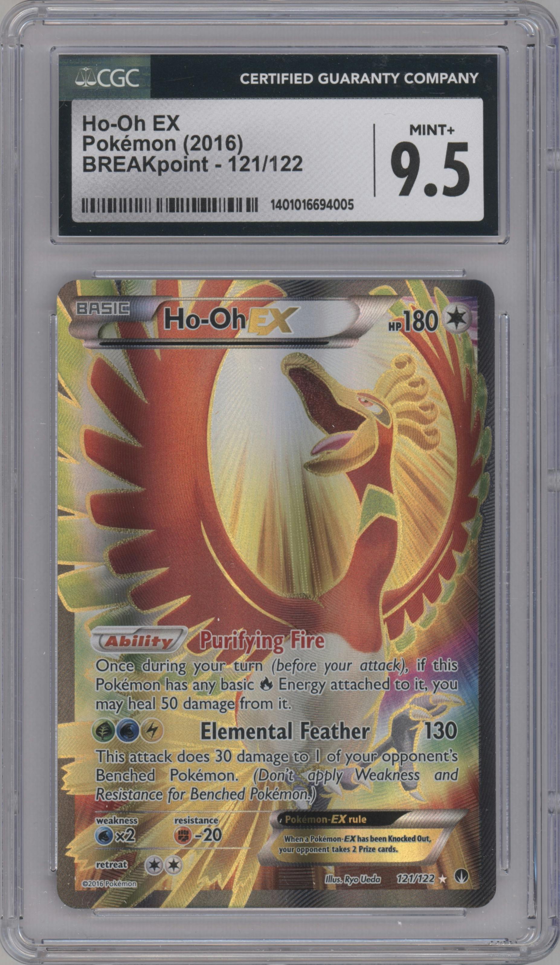 Ho-Oh EX from the 2016 Pokemon XY set graded by CSG and given an overall grade of 9.5.