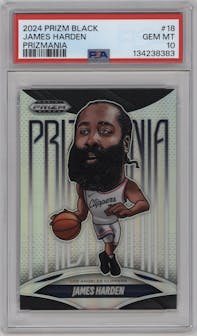 James Harden from the 2024-25 Panini Prizm Black set graded by PSA and given an overall grade of 10.