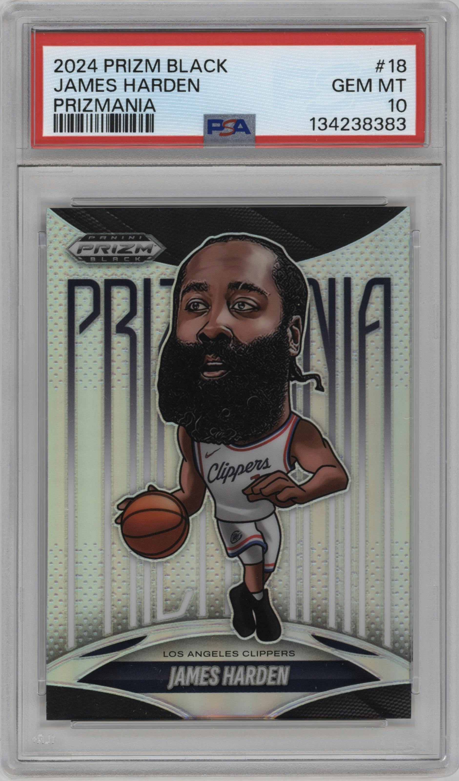James Harden from the 2024-25 Panini Prizm Black set graded by PSA and given an overall grade of 10.