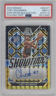 Chet Holmgren from the 2023-24 Panini Mosaic set featuring a Choice Black Gold Mosaic parallel graded by PSA and given an overall grade of 9.