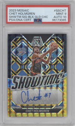 Chet Holmgren from the 2023-24 Panini Mosaic set featuring a Choice Black Gold Mosaic parallel graded by PSA and given an overall grade of 9.