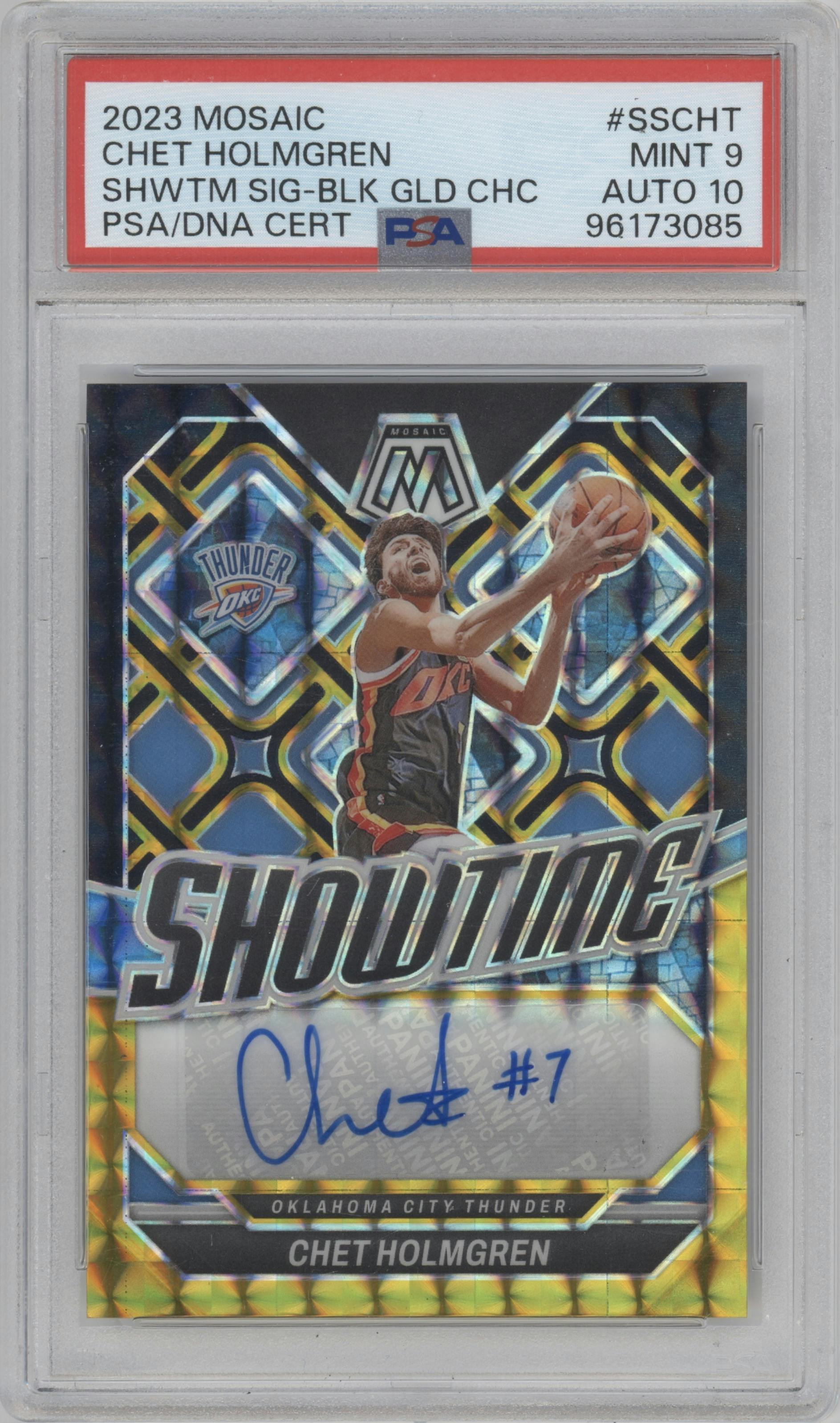Chet Holmgren from the 2023-24 Panini Mosaic set featuring a Choice Black Gold Mosaic parallel graded by PSA and given an overall grade of 9.