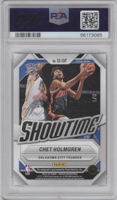 Chet Holmgren from the 2023-24 Panini Mosaic set featuring a Choice Black Gold Mosaic parallel graded by PSA and given an overall grade of 9.