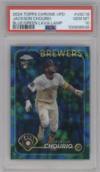 Jackson Chourio from the 2024 Topps Chrome Update set featuring a Blue/Green Lava Lamp Refractors parallel graded by PSA and given an overall grade of 10.