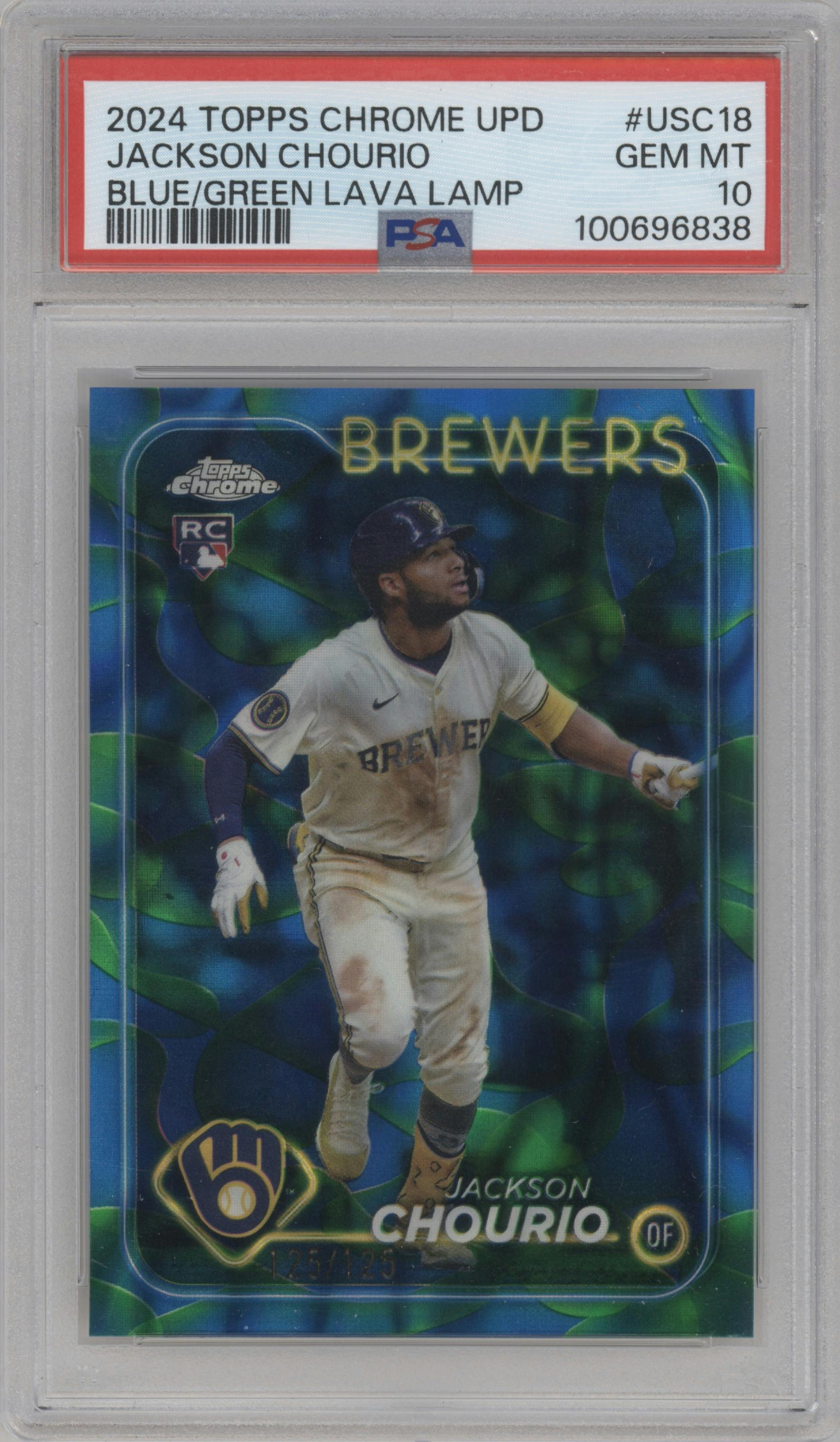 Jackson Chourio from the 2024 Topps Chrome Update set featuring a Blue/Green Lava Lamp Refractors parallel graded by PSA and given an overall grade of 10.