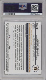 Jackson Chourio from the 2024 Topps Chrome Update set featuring a Blue/Green Lava Lamp Refractors parallel graded by PSA and given an overall grade of 10.