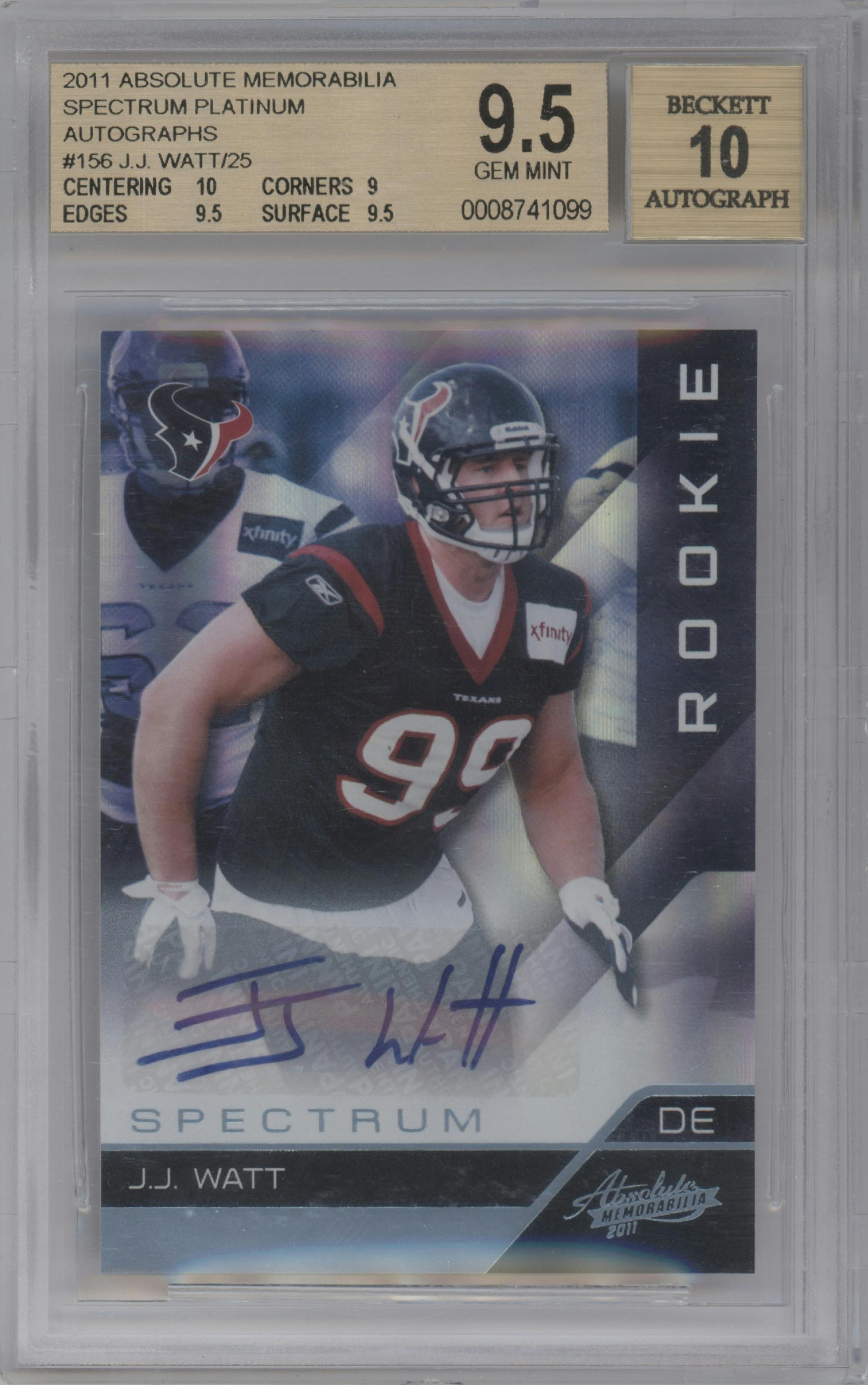 J.J. Watt  from the 2011 Panini Absolute Memorabilia set featuring a Platinum  parallel graded by Beckett and given an overall grade of 9.5.
