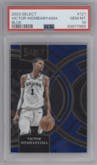 Victor Wembanyama from the 2023-24 Panini Select  set featuring a Blue Retail parallel graded by PSA and given an overall grade of 10.