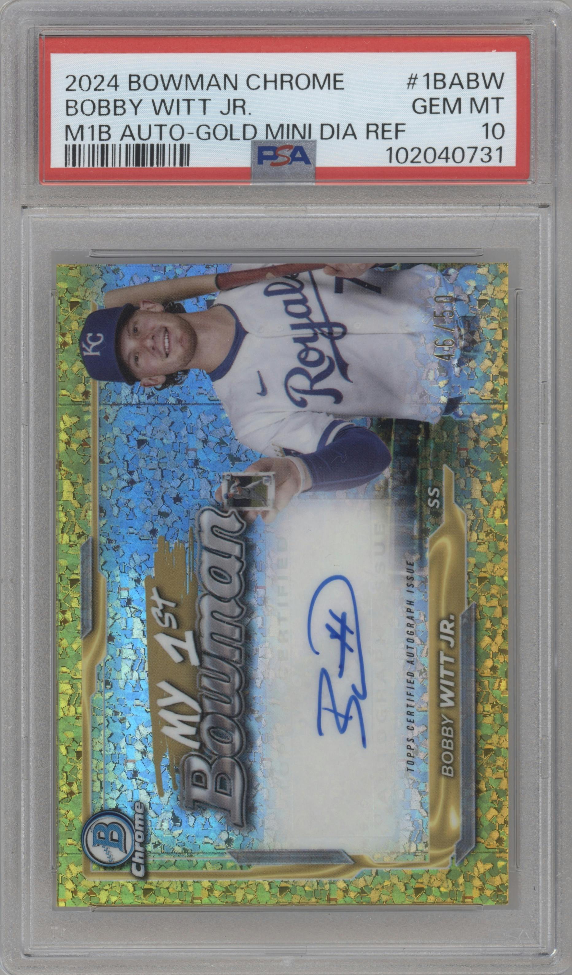 Bobby Witt Jr. from the 2024 Bowman Chrome set featuring a Gold Mini Diamond Refractor parallel graded by PSA and given an overall grade of 10.