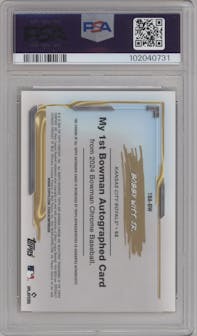 Bobby Witt Jr. from the 2024 Bowman Chrome set featuring a Gold Mini Diamond Refractor parallel graded by PSA and given an overall grade of 10.