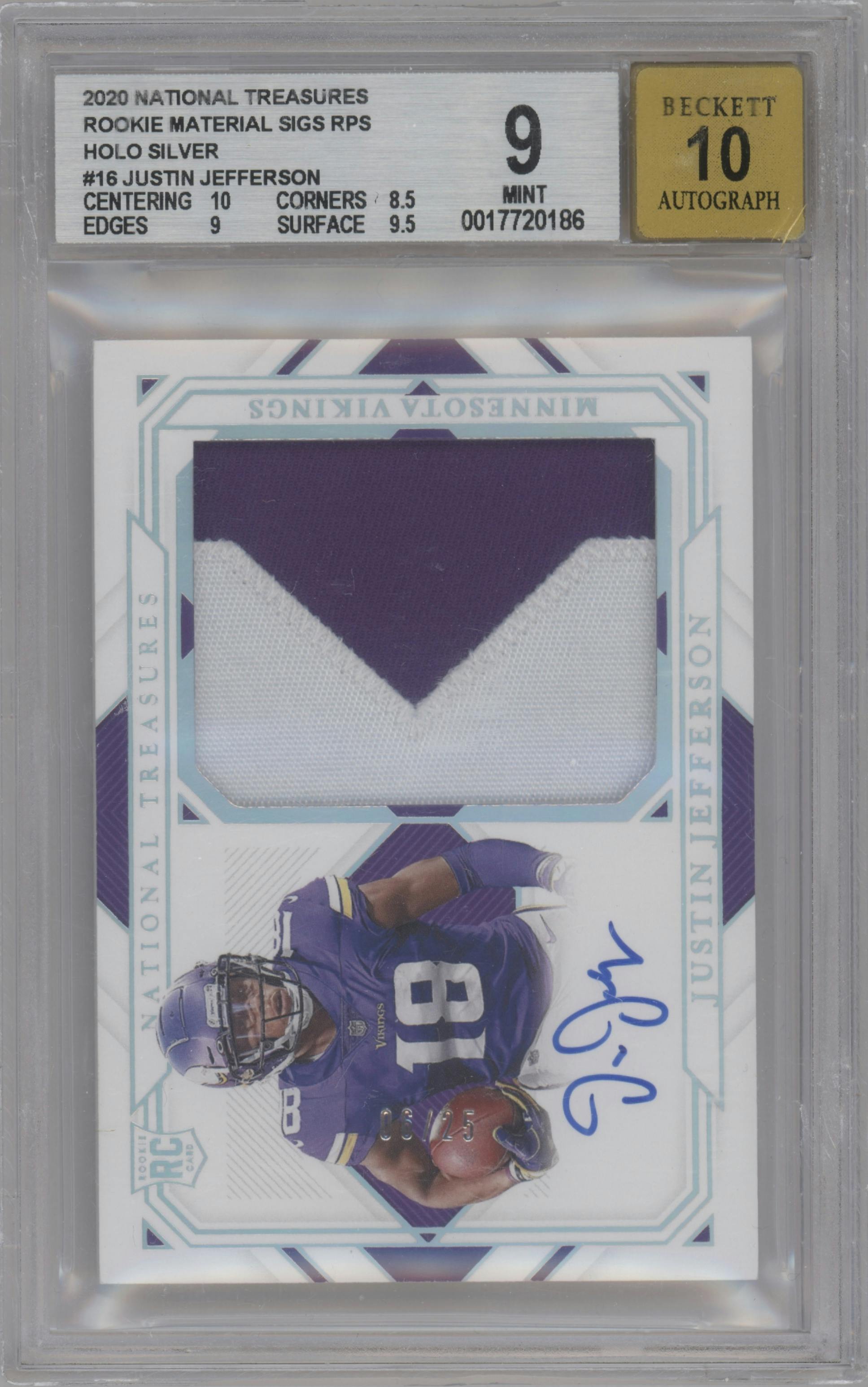 Justin Jefferson from the 2020 Panini National Treasures set featuring a Holo Silver parallel graded by Beckett and given an overall grade of 9.