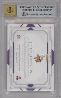 Justin Jefferson from the 2020 Panini National Treasures set featuring a Holo Silver parallel graded by Beckett and given an overall grade of 9.