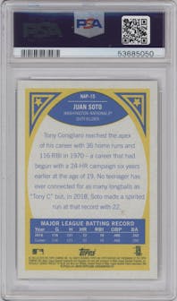 Juan Soto from the 2019 Topps Heritage set graded by PSA and given an overall grade of 10.