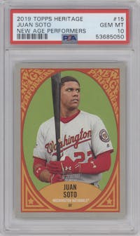 Juan Soto from the 2019 Topps Heritage set graded by PSA and given an overall grade of 10.