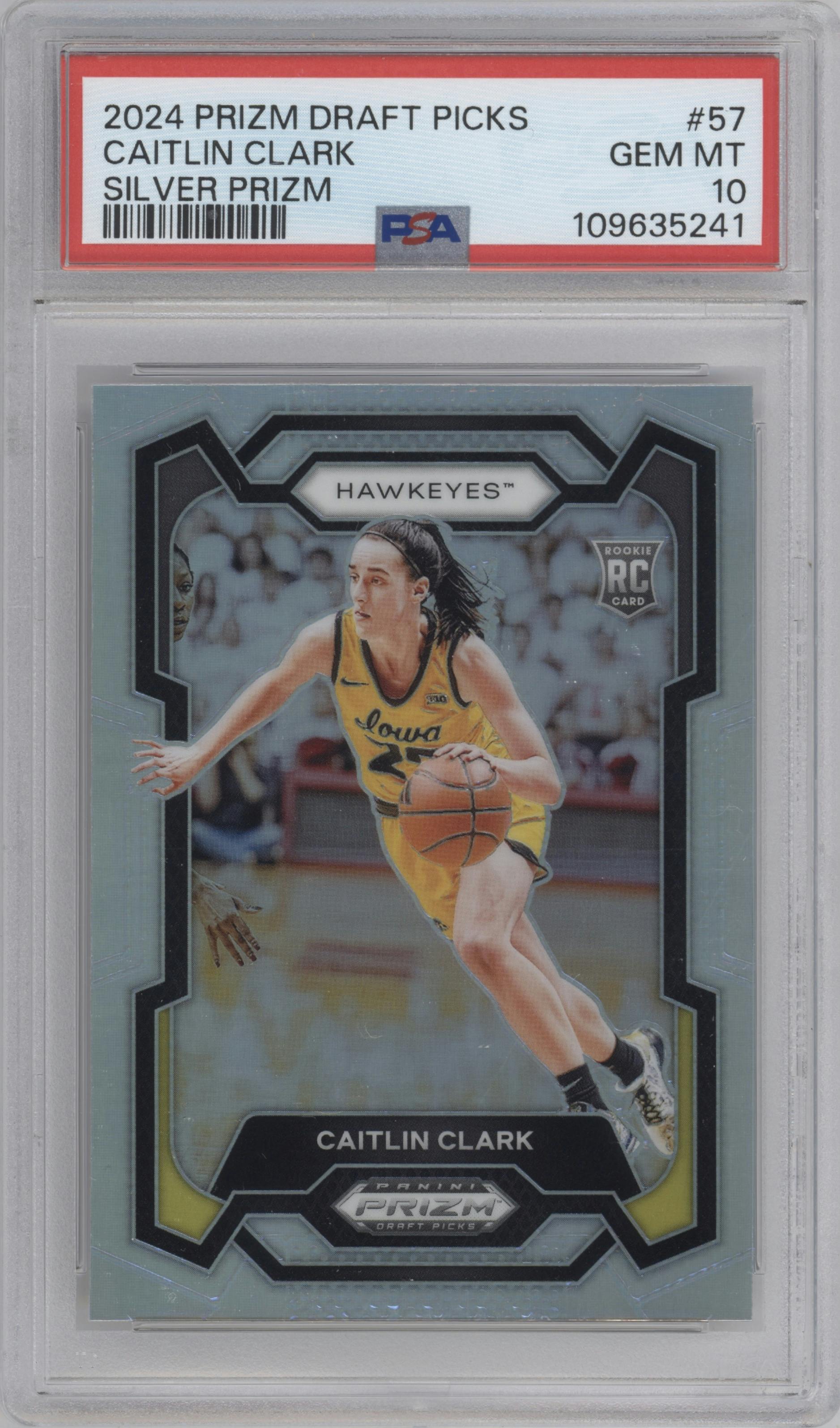 Caitlin Clark from the 2024 Panini Prizm Draft Picks set featuring a Silver parallel graded by PSA and given an overall grade of 10.