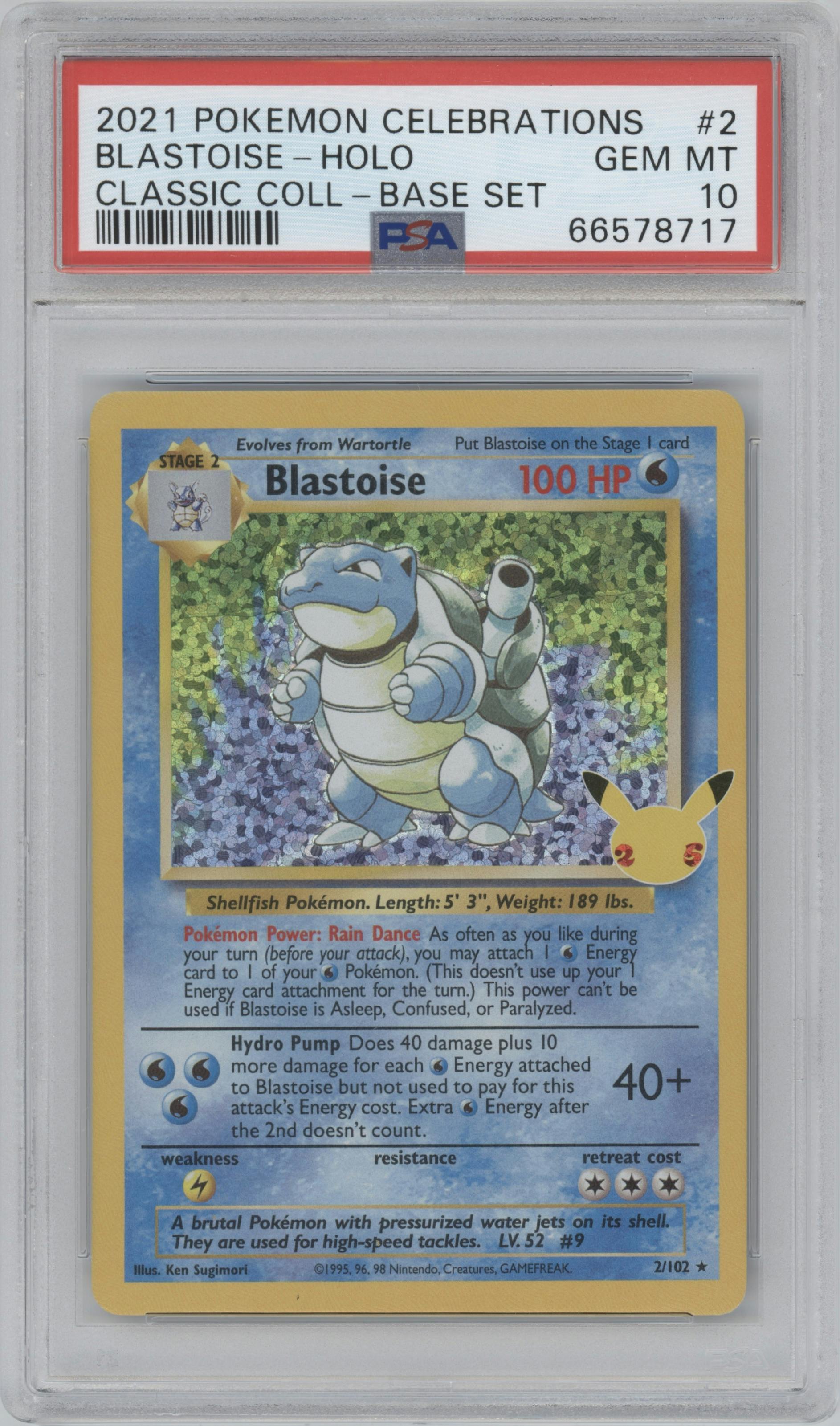 Blastoise from the 2021 Pokemon SWSH set graded by PSA and given an overall grade of 10.