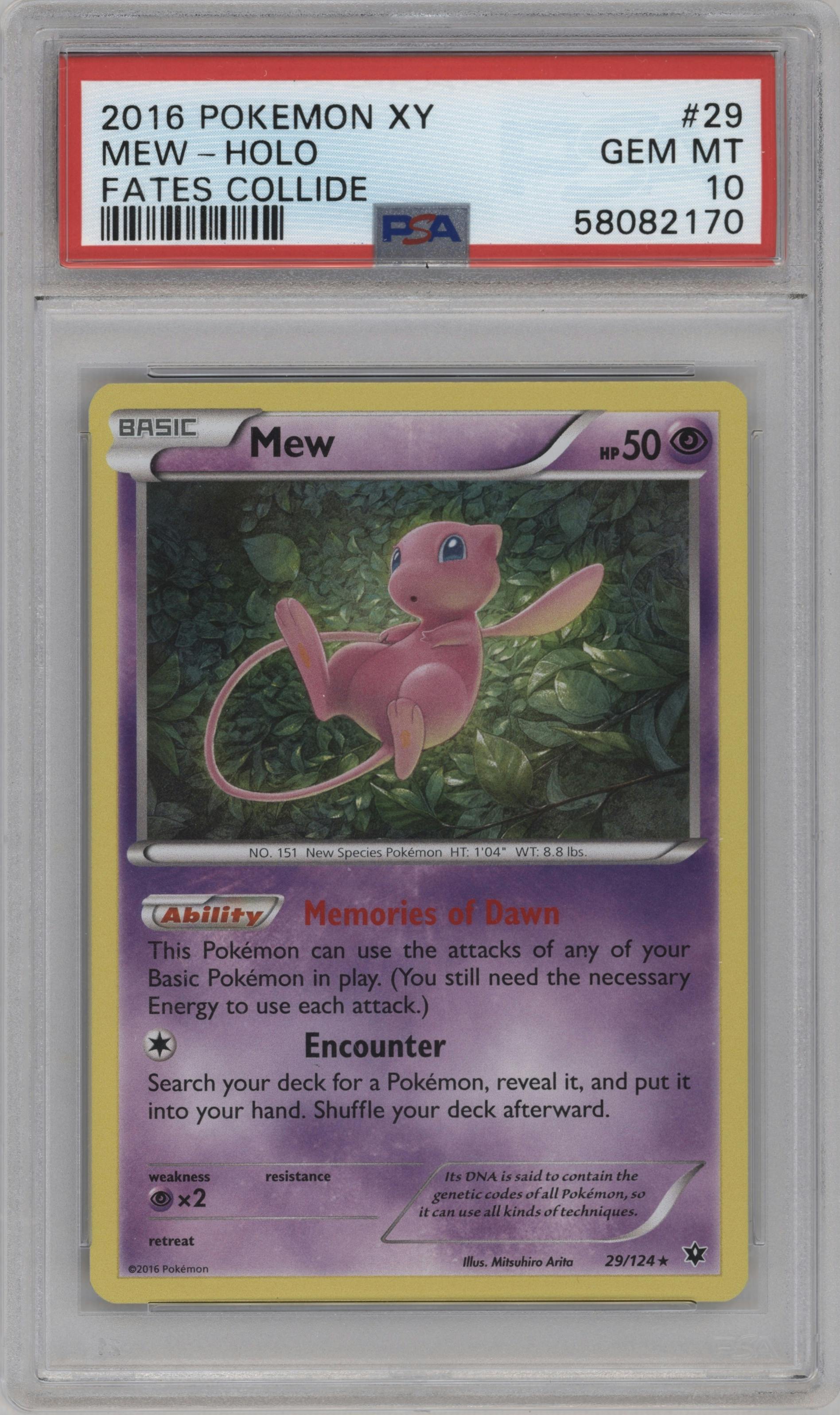 Mew from the 2016 Pokemon XY set graded by PSA and given an overall grade of 10.