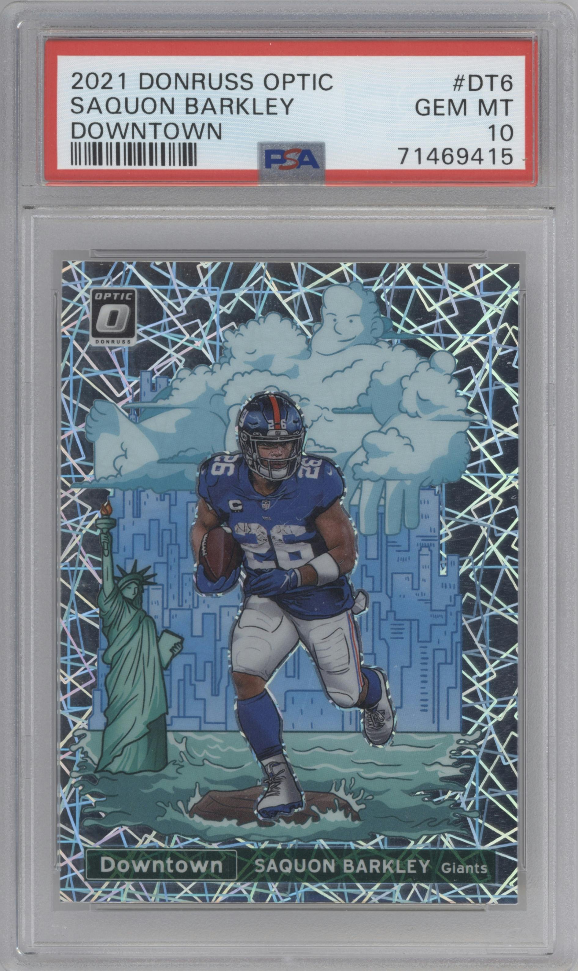 Saquon Barkley from the 2021 Panini Donruss Optic set graded by PSA and given an overall grade of 10.