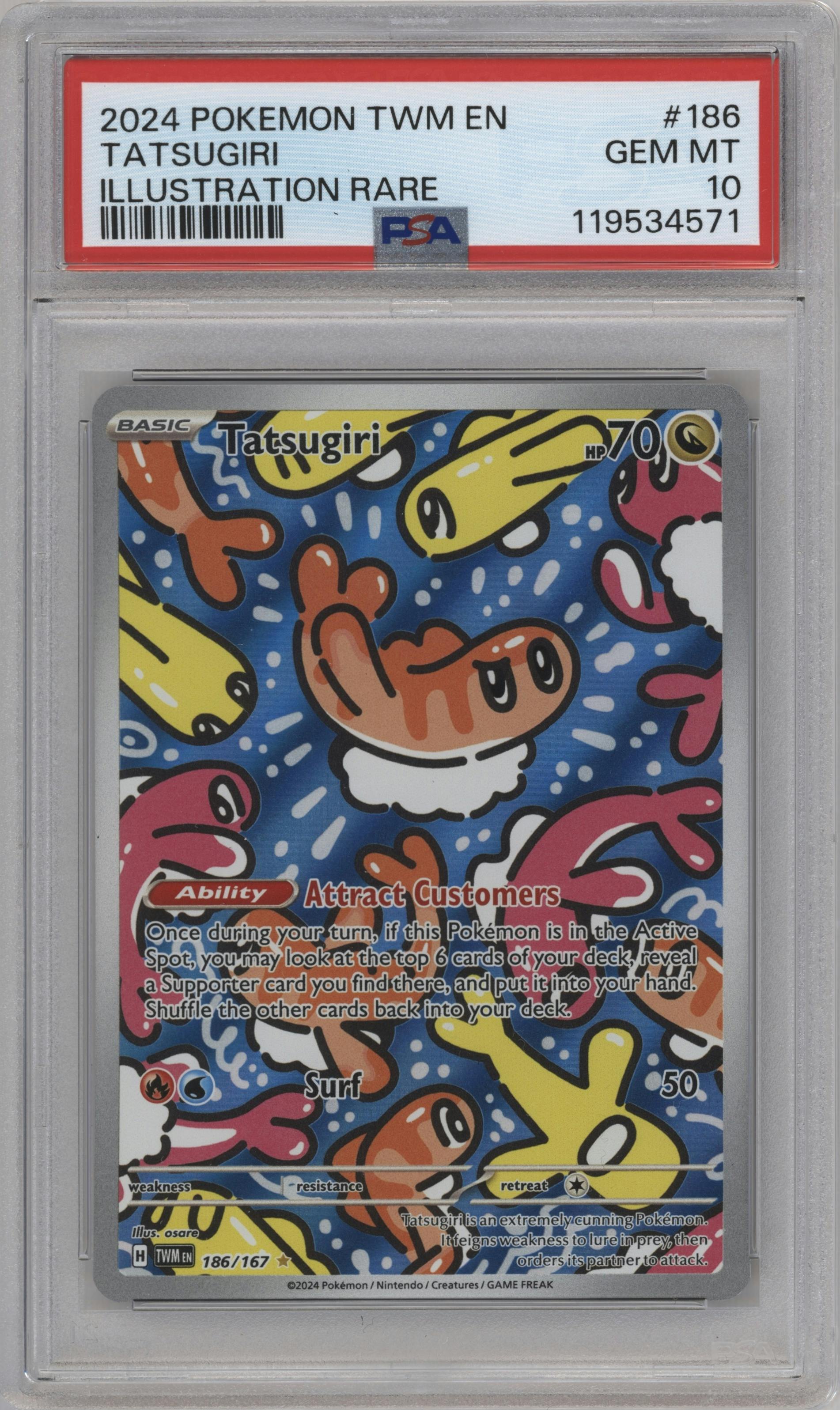 Tatsugiri from the 2024 Pokemon SV set graded by PSA and given an overall grade of 10.