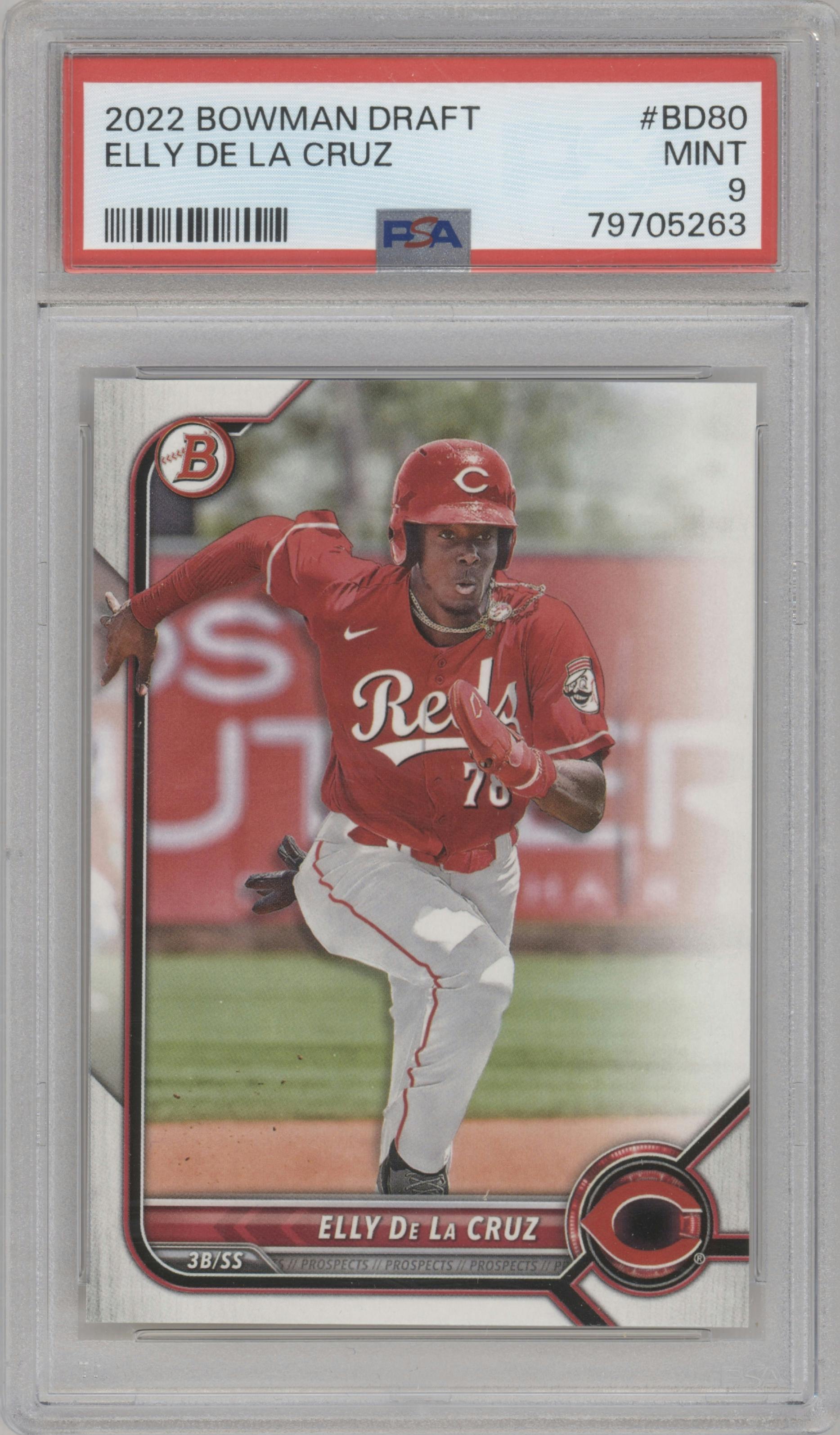 Elly De La Cruz from the 2022 Bowman Draft set graded by PSA and given an overall grade of 9.