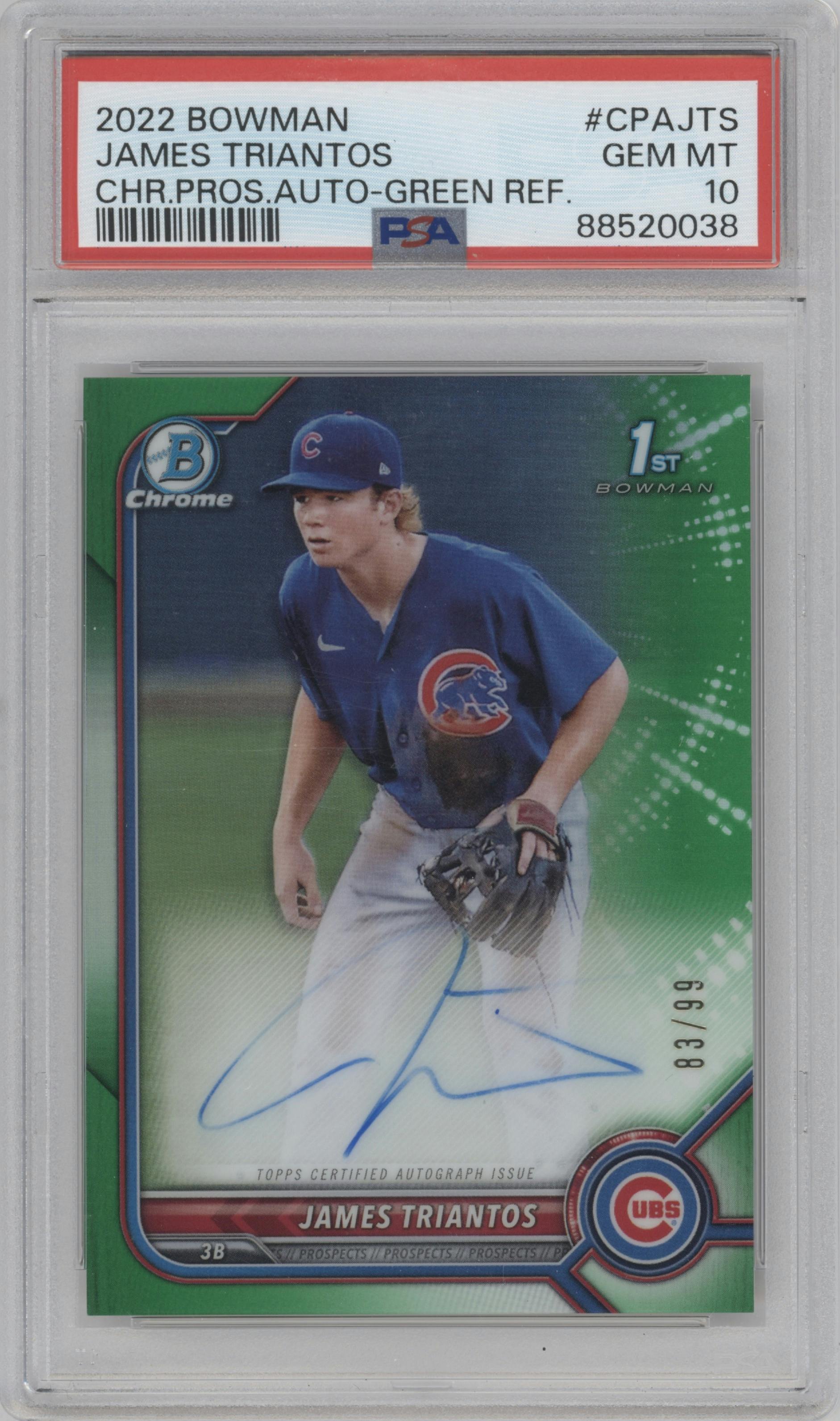 James Triantos from the 2022 Bowman set featuring a Green Refractor  parallel graded by PSA and given an overall grade of 10.