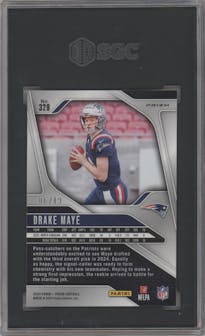 Drake Maye from the 2024 Panini Prizm set featuring a No Huddle Purple Prizm parallel graded by SGC and given an overall grade of 9.