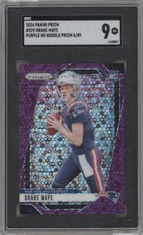Drake Maye from the 2024 Panini Prizm set featuring a No Huddle Purple Prizm parallel graded by SGC and given an overall grade of 9.