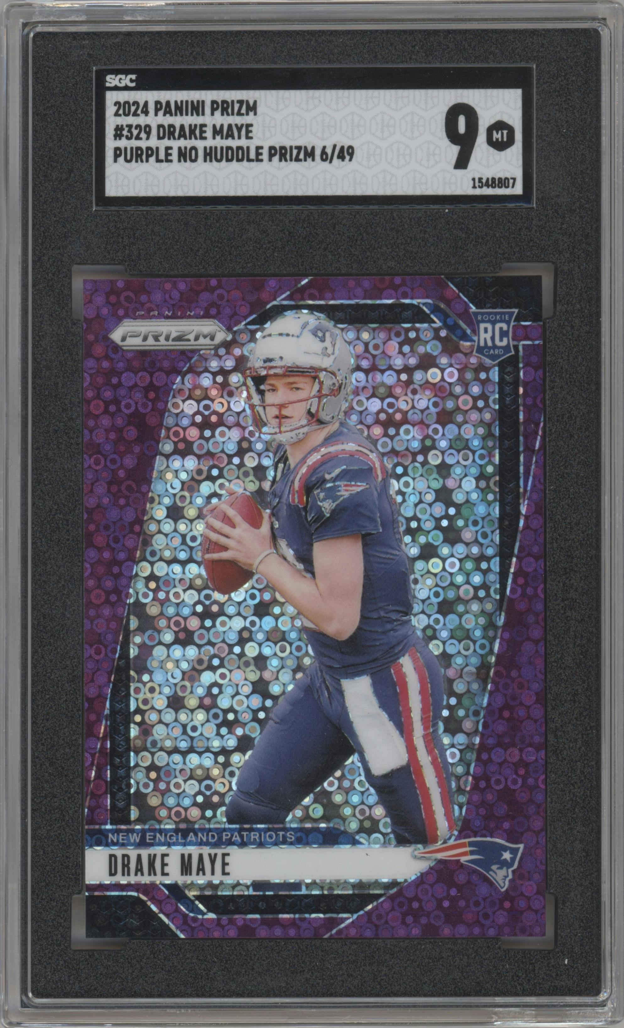 Drake Maye from the 2024 Panini Prizm set featuring a No Huddle Purple Prizm parallel graded by SGC and given an overall grade of 9.
