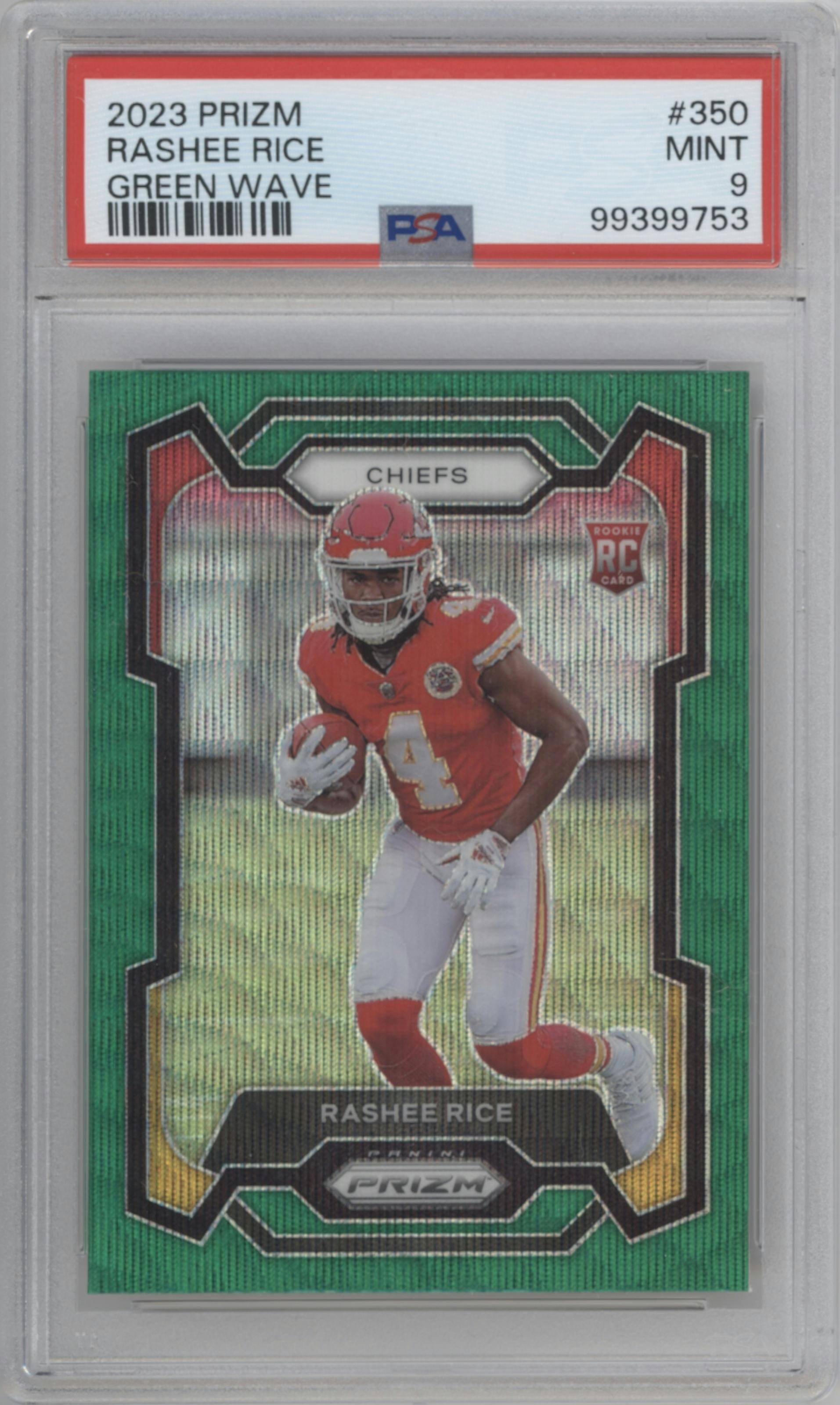 Rashee Rice from the 2023 Panini Prizm set featuring a Green Wave  parallel graded by PSA and given an overall grade of 9.