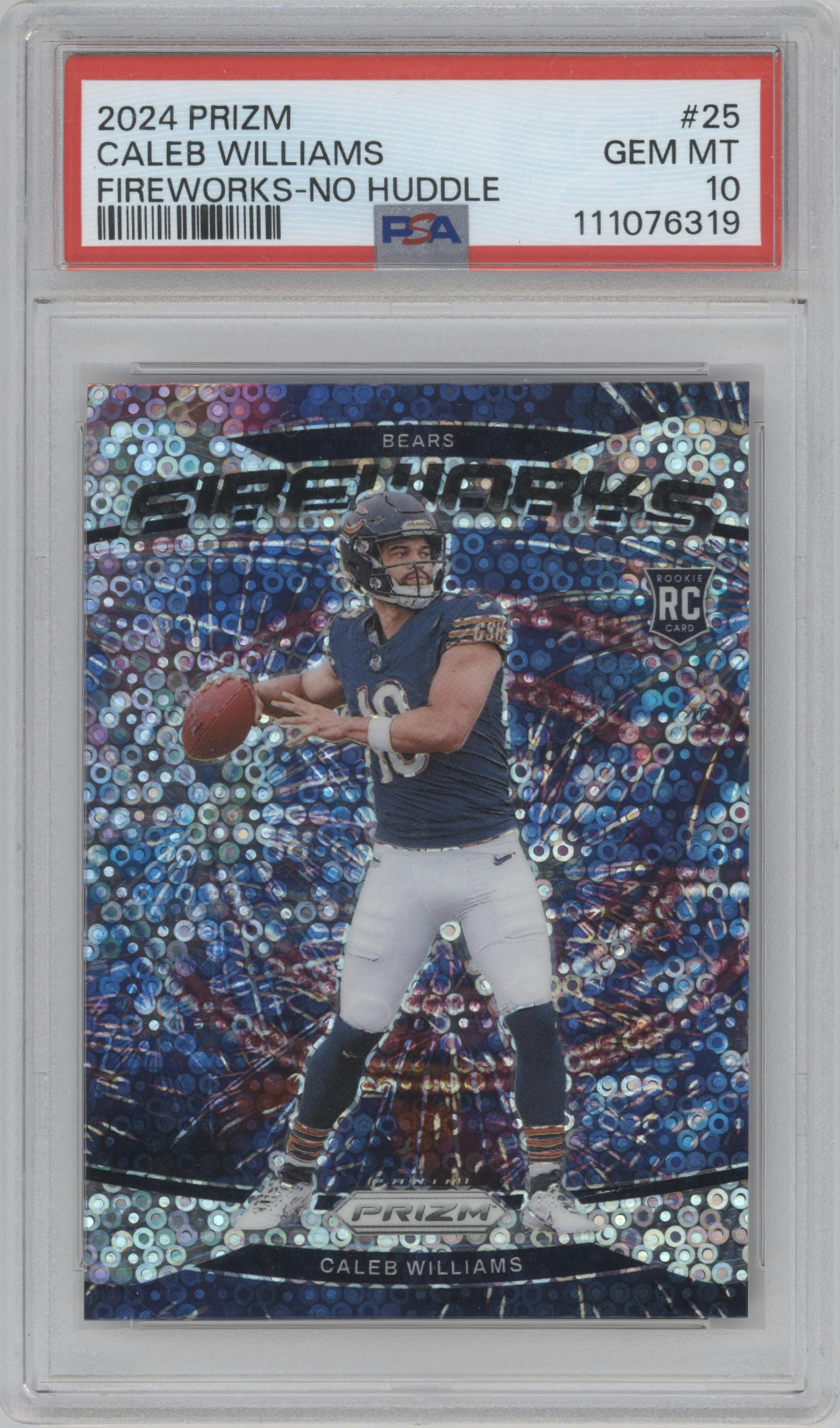 Caleb Williams from the 2024 Panini Prizm set featuring a No Huddle parallel graded by PSA and given an overall grade of 10.