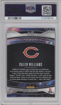 Caleb Williams from the 2024 Panini Prizm set featuring a No Huddle parallel graded by PSA and given an overall grade of 10.