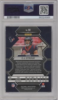 C.J. Stroud from the 2023 Panini Mosaic set featuring a Choice Red & Green parallel graded by PSA and given an overall grade of 10.