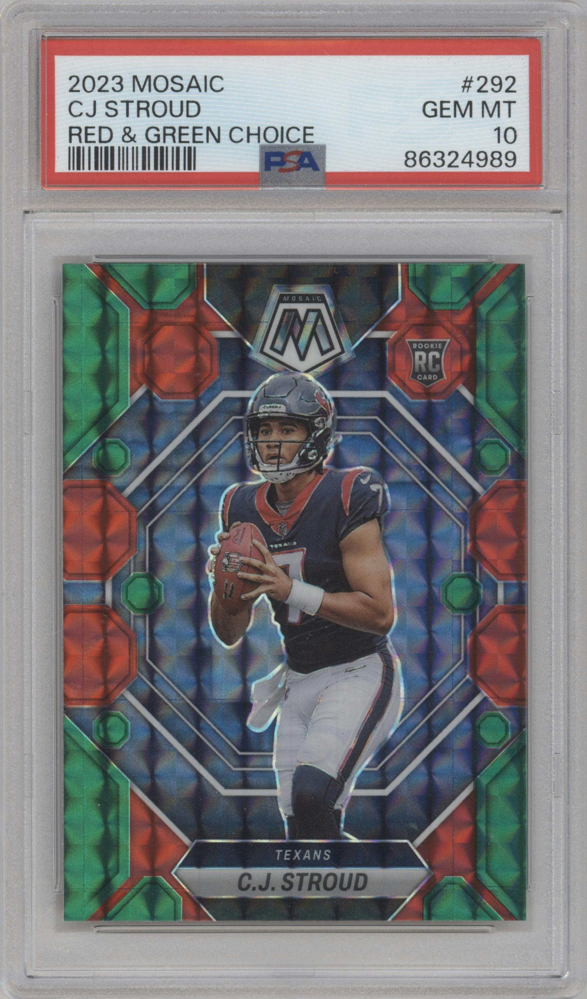 C.J. Stroud from the 2023 Panini Mosaic set featuring a Choice Red & Green parallel graded by PSA and given an overall grade of 10.
