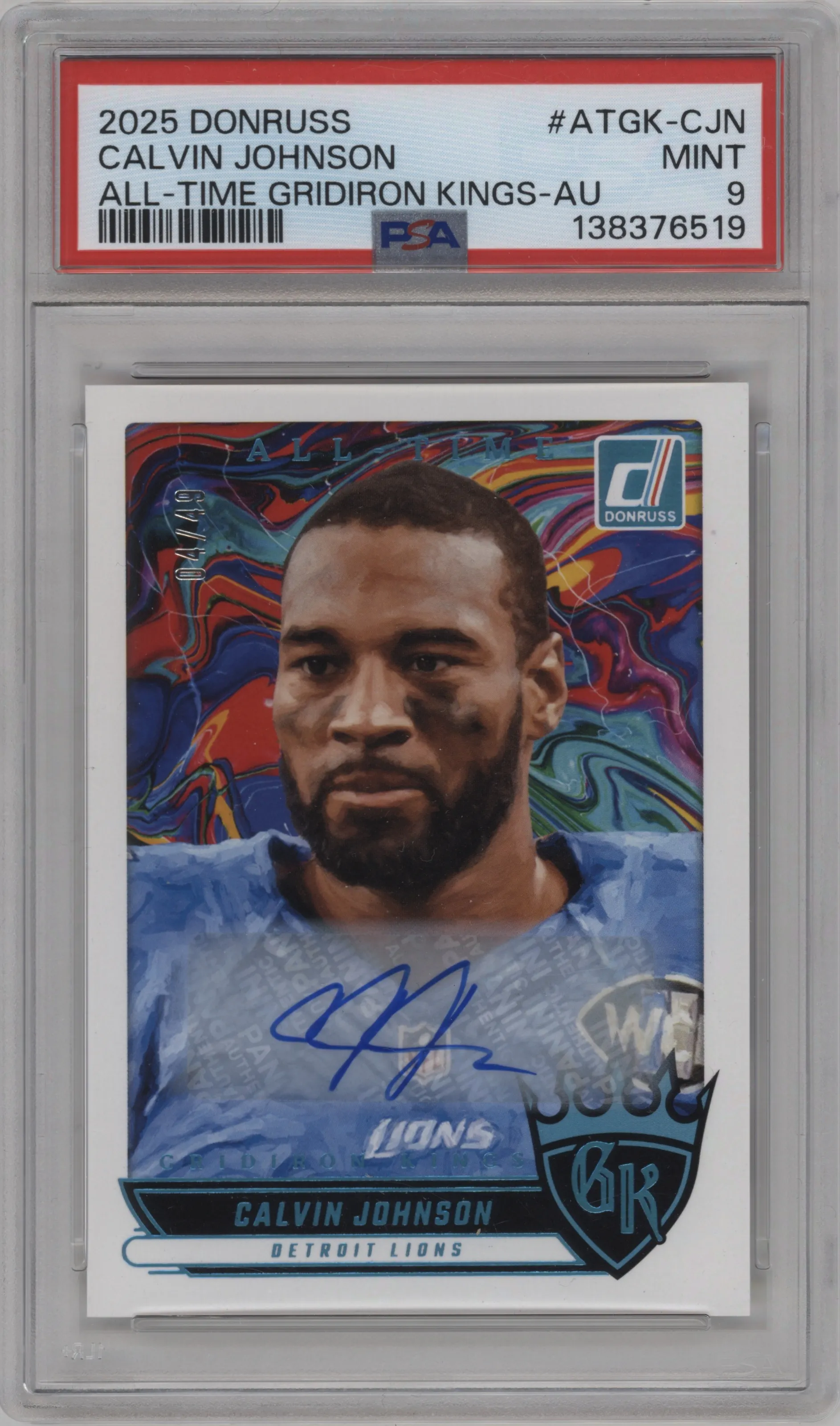 2025 Panini Donruss All-Time Gridiron Kings Auto Calvin Johnson #ATGK-CJN PSA 9