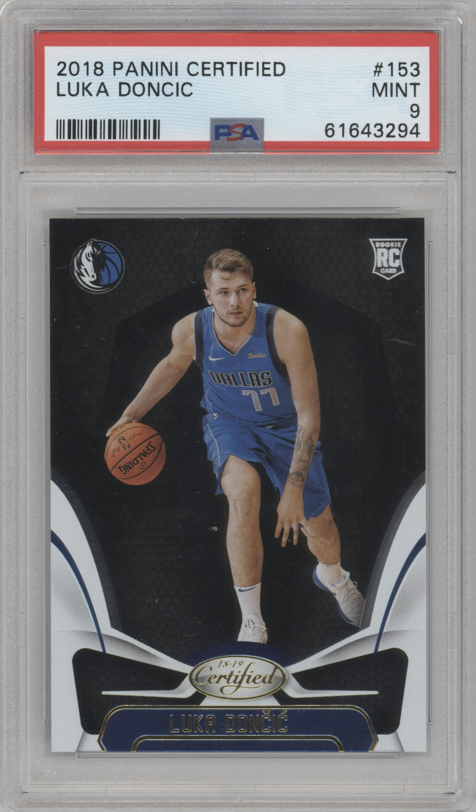 Luka Doncic from the 2018-19 Panini Certified set graded by PSA and given an overall grade of 9.