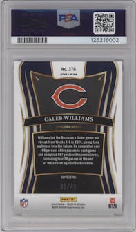 Caleb Williams from the 2024 Panini Select set featuring a Disco Red parallel graded by PSA and given an overall grade of 10.