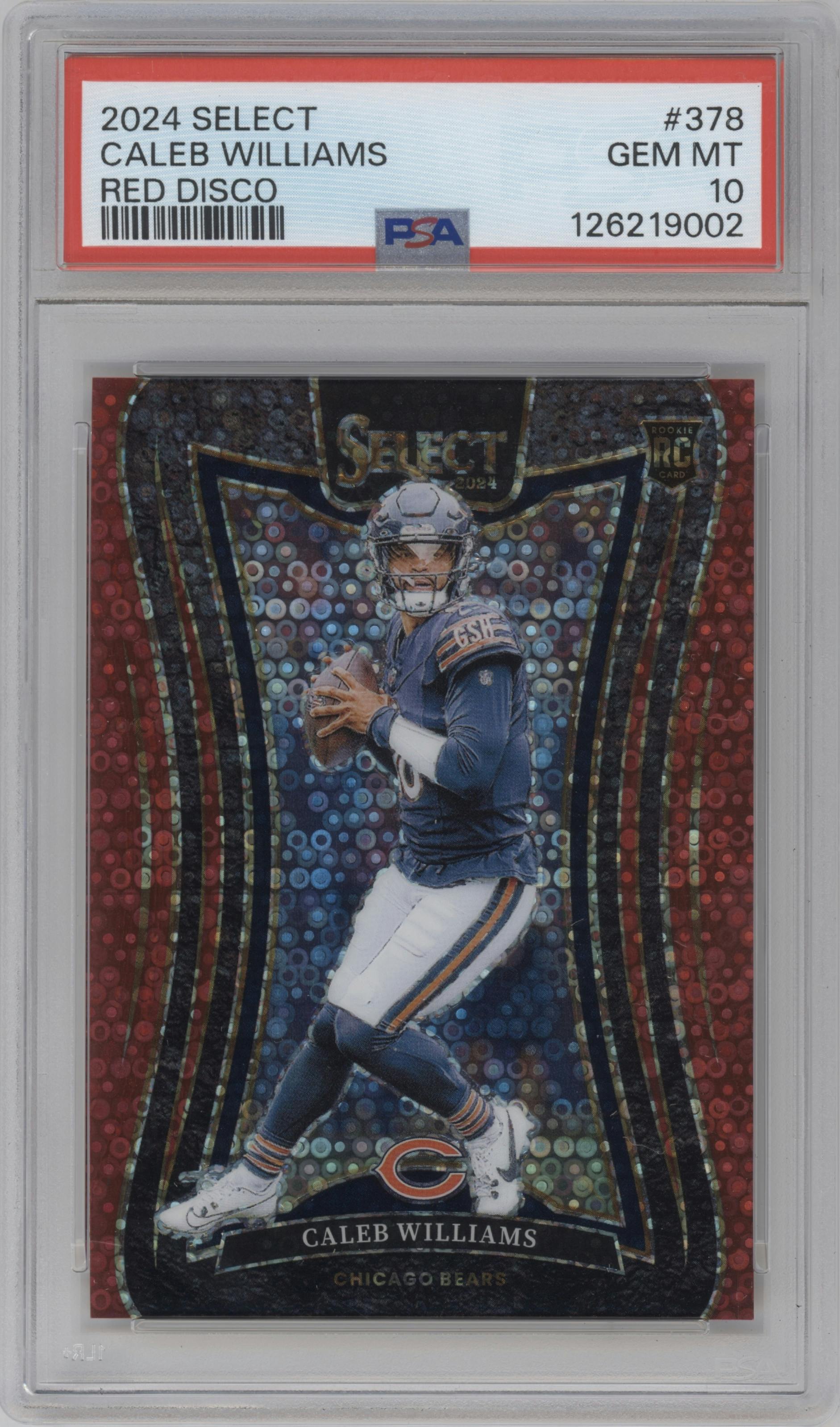 Caleb Williams from the 2024 Panini Select set featuring a Disco Red parallel graded by PSA and given an overall grade of 10.