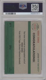 Kodai Senga from the 2023 Topps Chrome Platinum Anniversary set featuring a Gold Refractor parallel graded by PSA and given an overall grade of 9.