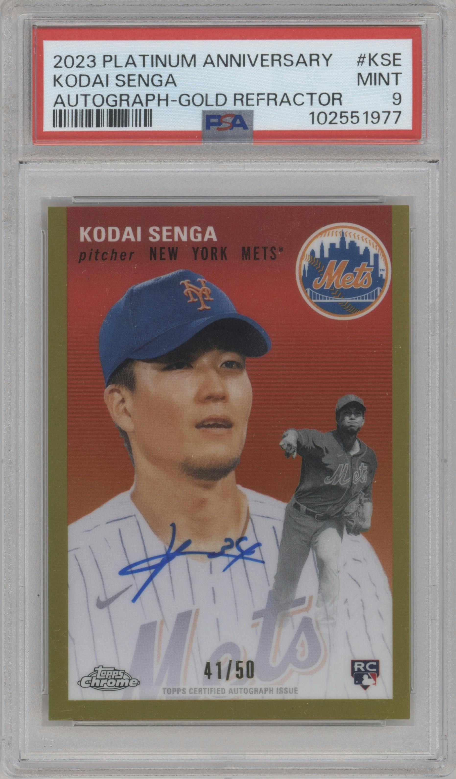 Kodai Senga from the 2023 Topps Chrome Platinum Anniversary set featuring a Gold Refractor parallel graded by PSA and given an overall grade of 9.