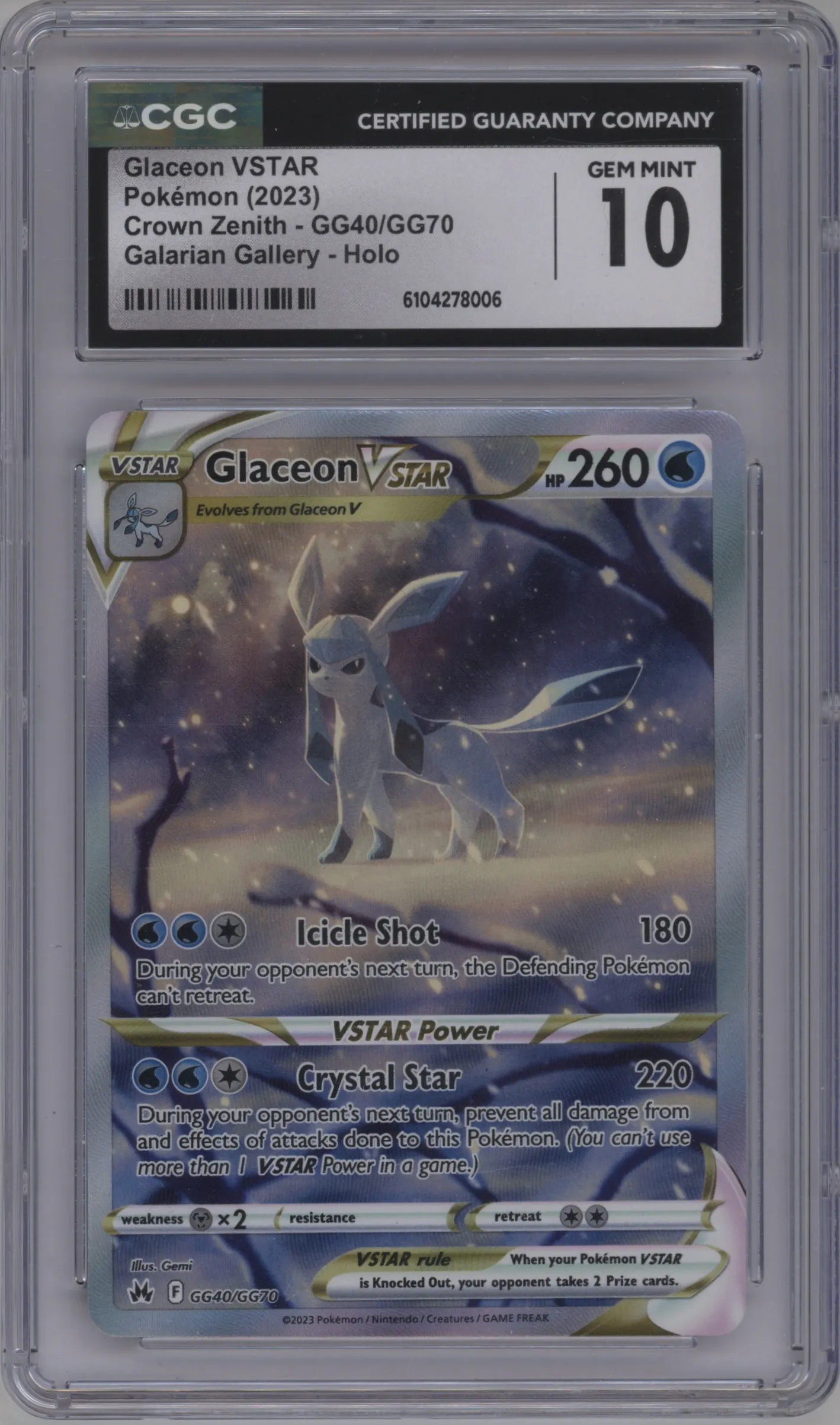 2023 Pokemon SWSH Crown Zenith GG Glaceon Vstar CGC 10