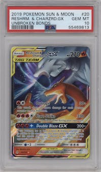 Reshiram/Charizard GX from the 2019 Pokemon S&M  set graded by PSA and given an overall grade of 10.