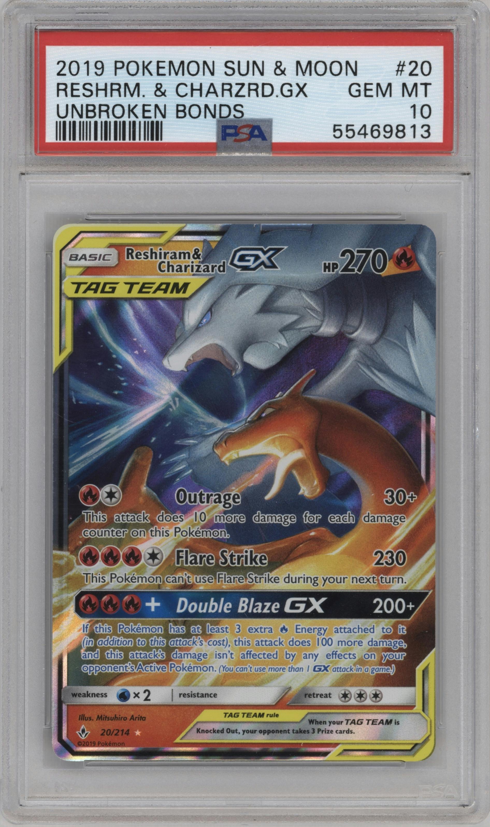 Reshiram/Charizard GX from the 2019 Pokemon S&M  set graded by PSA and given an overall grade of 10.