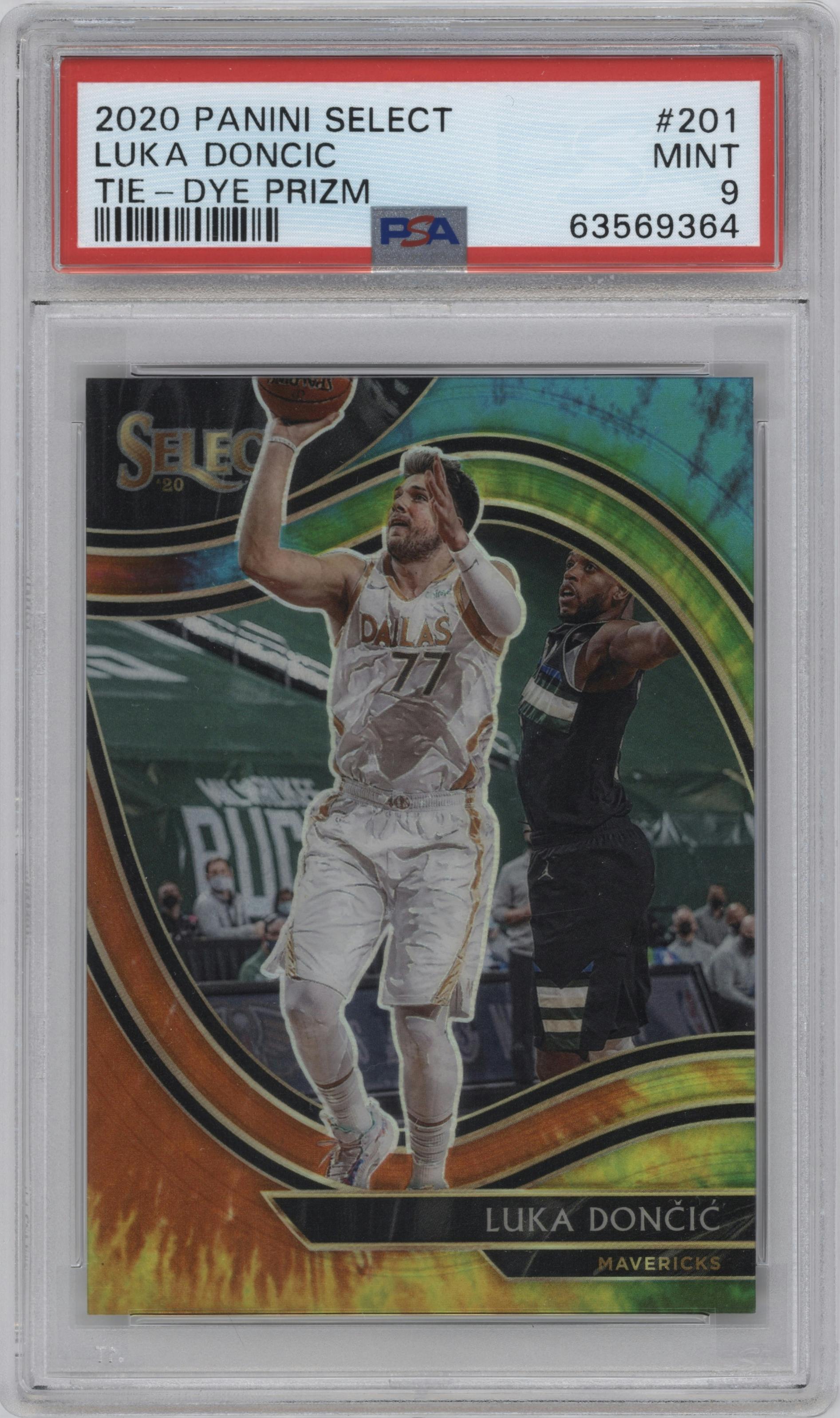 Luka Doncic from the 2020-21 Panini Select  set featuring a Tie-Dye  parallel graded by PSA and given an overall grade of 9.