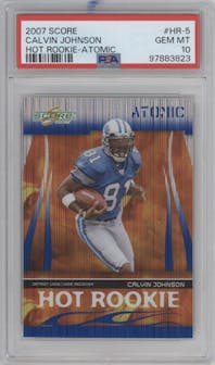 Calvin Johnson from the 2007 Score set featuring a Atomic parallel graded by PSA and given an overall grade of 10.
