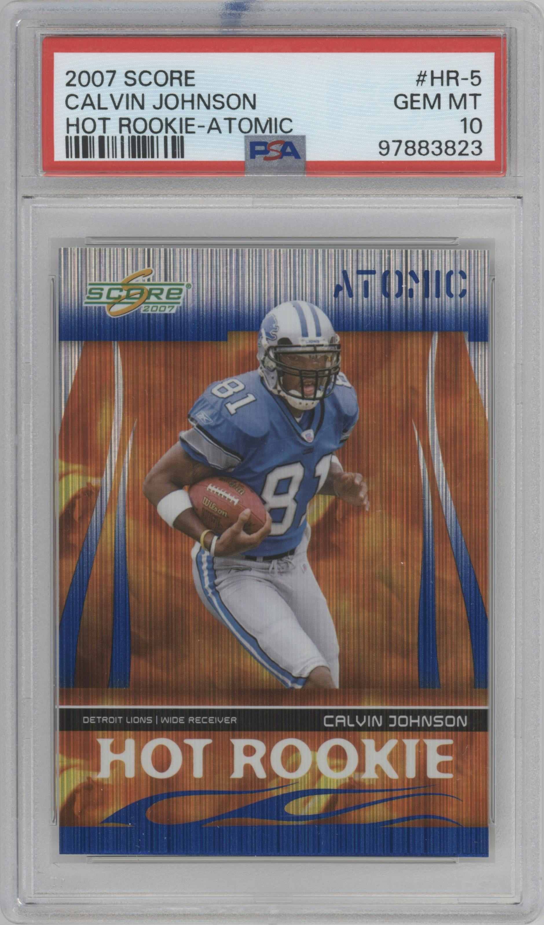 Calvin Johnson from the 2007 Score set featuring a Atomic parallel graded by PSA and given an overall grade of 10.