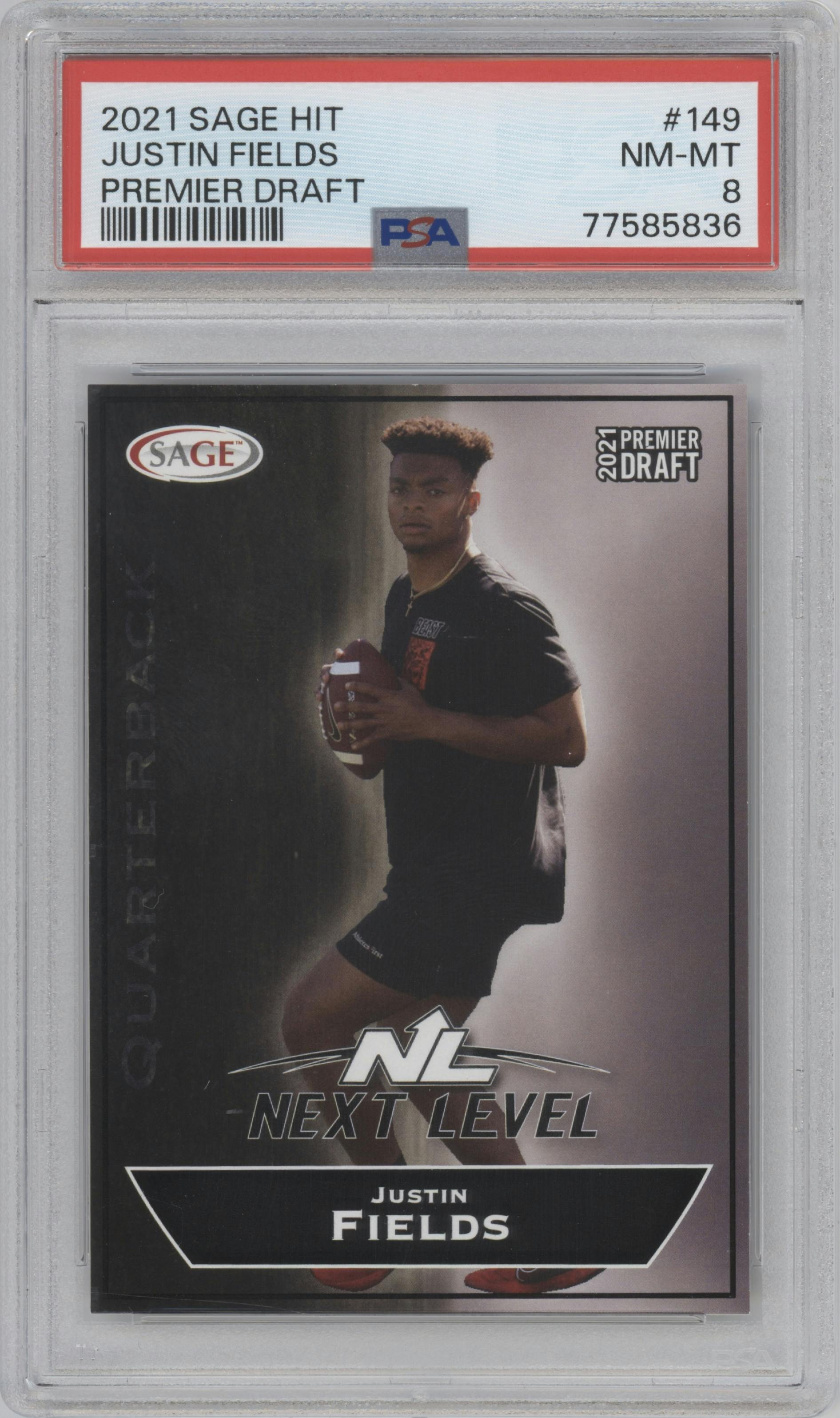 Justin Fields from the 2021 SAGE Hit Premier Draft High Series set graded by PSA and given an overall grade of 8.