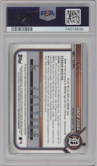 Jace Jung from the 2022 Bowman Draft set graded by PSA and given an overall grade of 9.