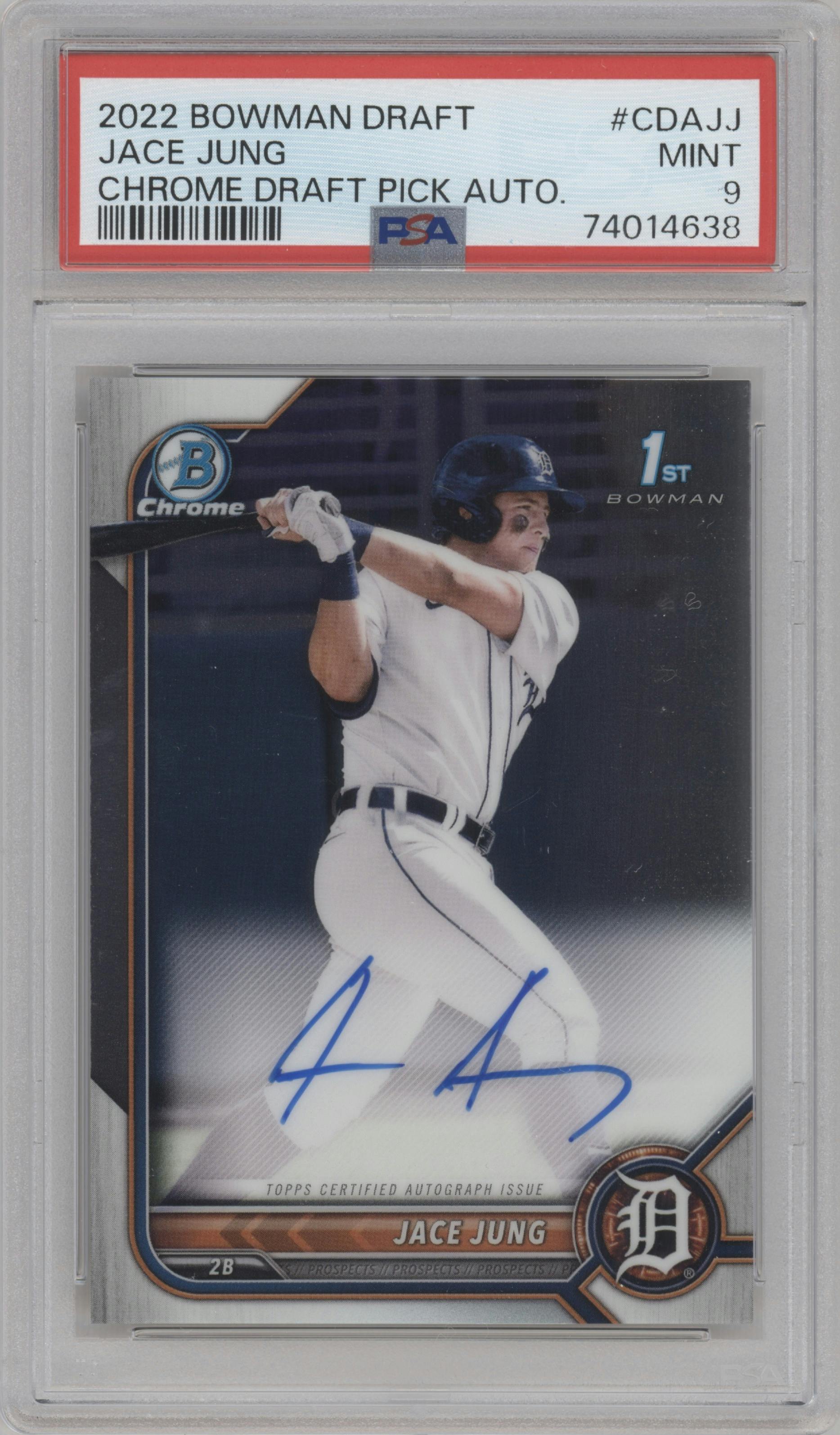 Jace Jung from the 2022 Bowman Draft set graded by PSA and given an overall grade of 9.